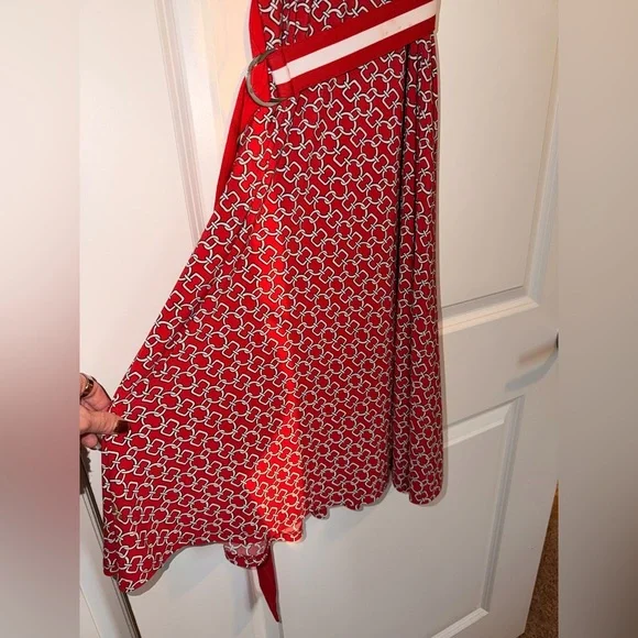 Lauren Ralph Lauren Red and White Chain Link Patterned Belted Midi Dress - Picture 8 of 11